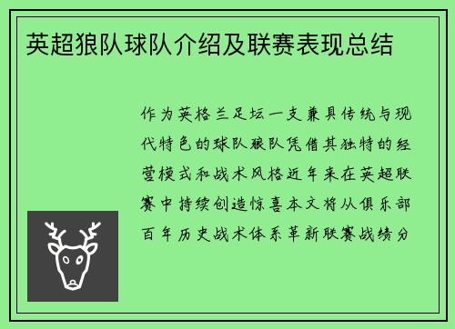 英超狼队球队介绍及联赛表现总结